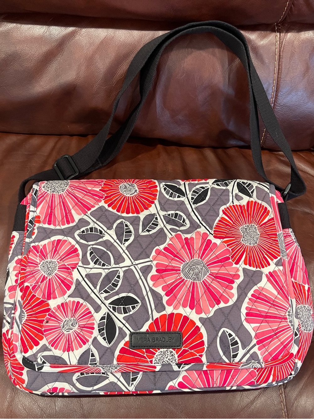 Vera Bradley Cheery Blossoms Quilted Messenger Bag in Pink, Red & Gray NWT
